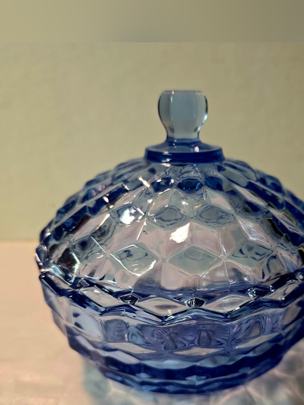 Vintage Fostoria American Cubist Light Blue Candy Dish With Lid EUC